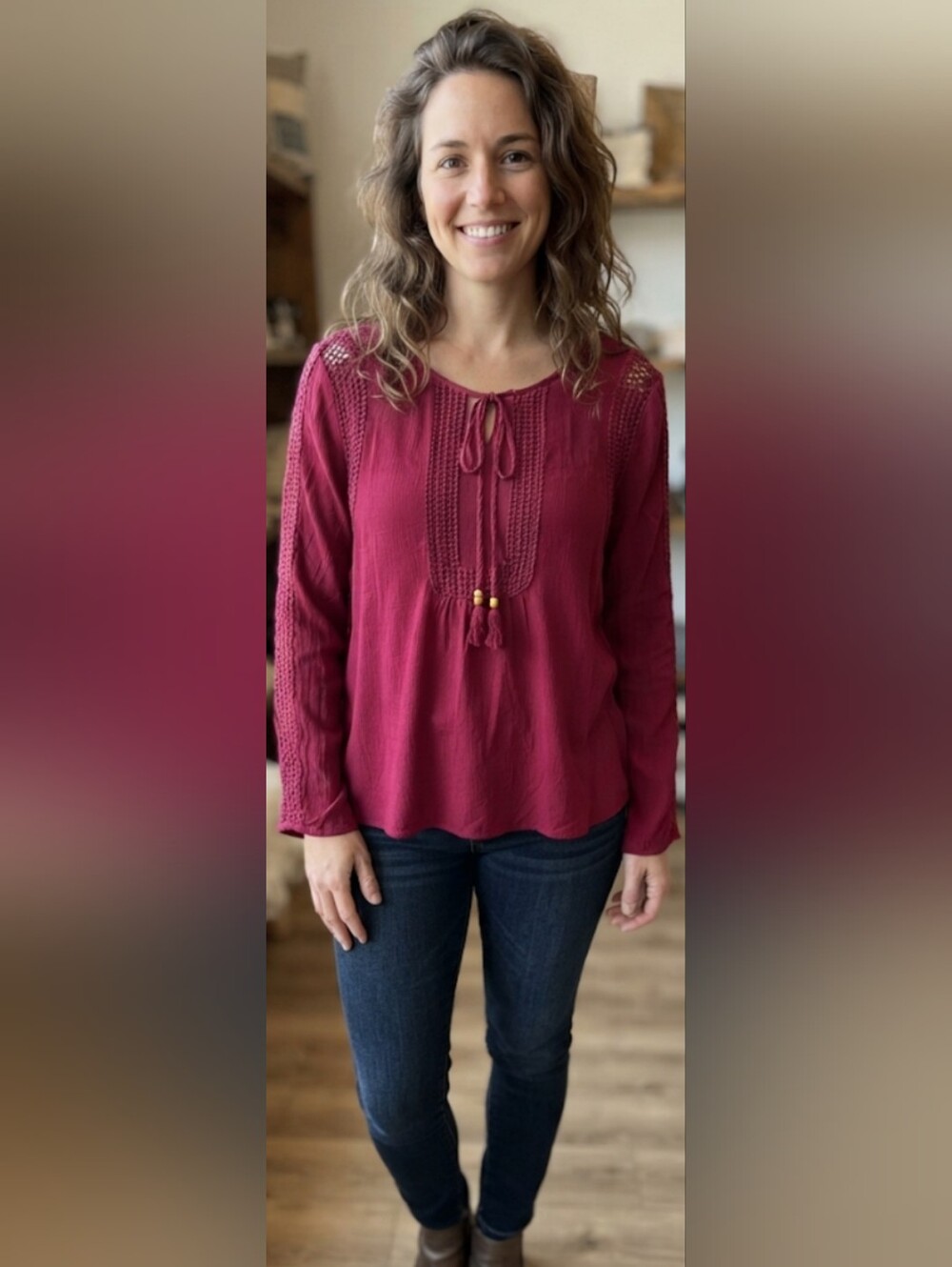 Signature Studio Burgundy Long-Sleeve Peasant Blouse
